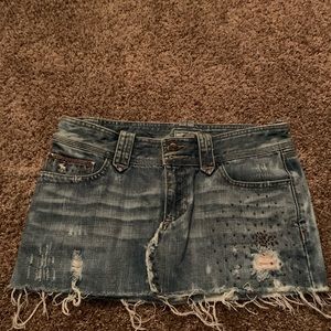 One of a kind reworked distressed denim skirt